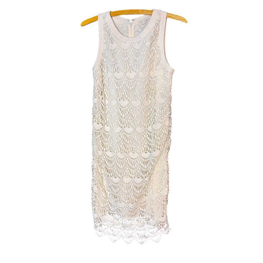 LOFT Lace Shift Dress Ivory Sleeveless Lined Crochet Overlay Size 2 Petite